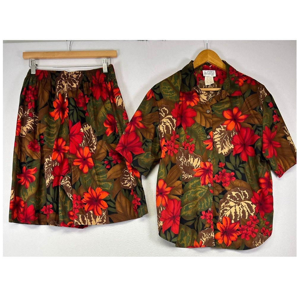 Vintage  90s Tropical Floral Cristin Stevens‎ Womens Large 2pc Shirt Shorts Set
